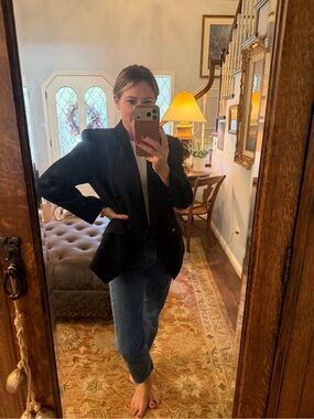 Black Women's Wool Pin strip Blazer Jacket - Classic Tailored Coat